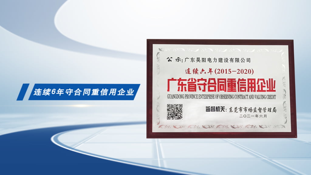昊阳连续6年被授予“广东省守合同重信用企业”